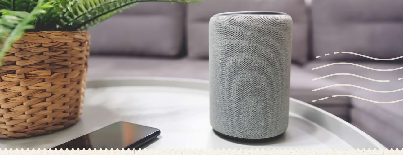 a coffee table with a phone, plant and speaker